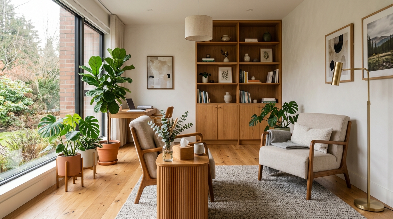 Sala de atendimento com poltronas, estante de livros e plantas